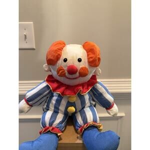Vintage Large Plush Clown Doll Blue White Striped Outfit Circus Decor